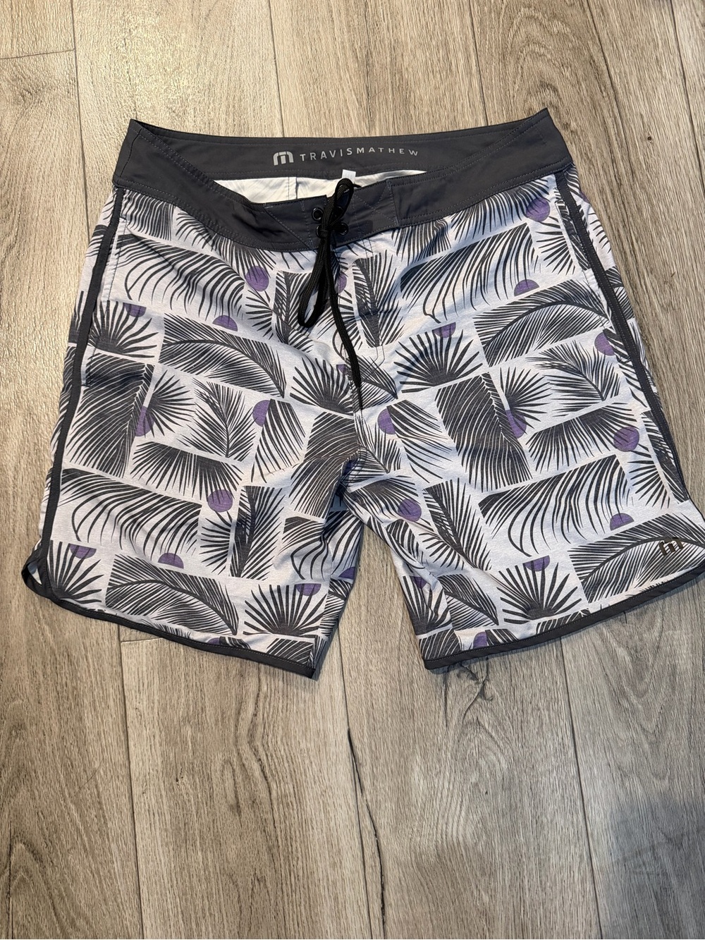 Travis Mathew Men’s Gray, White & Purple Palm-Print Swim Shorts